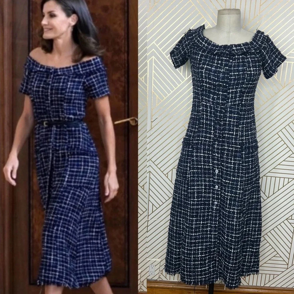 Zara Tweed Midi Dress Gemstone Buttons Navy Blue Black Size XS